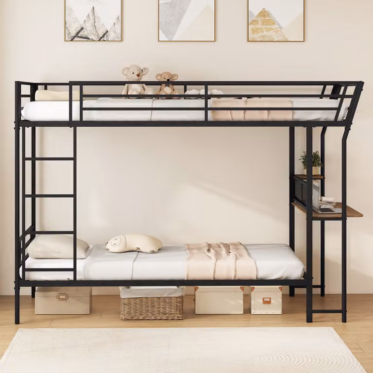 Letto a castello Costway con scrivania integrata, struttura in metallo e legno nero con sponde di sicurezza e scala inclusa