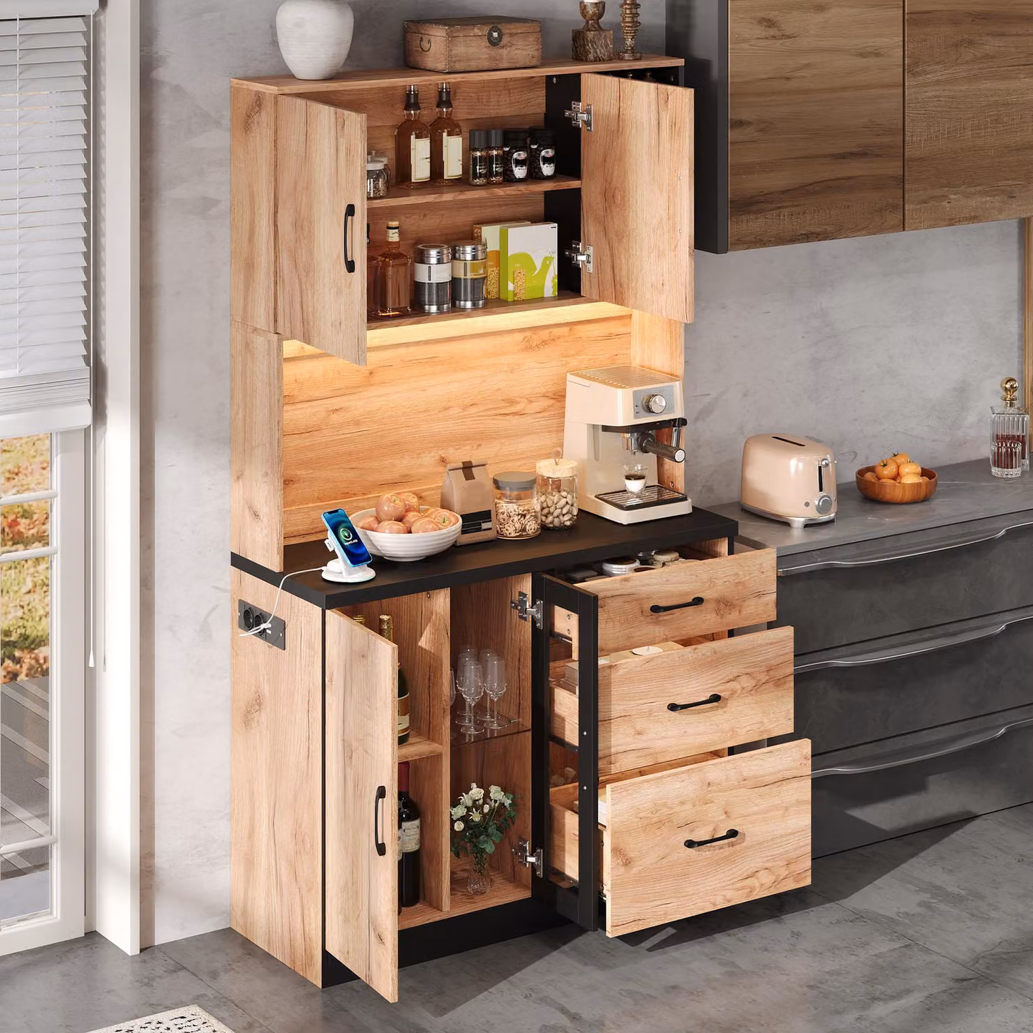 MODFU Armadio da cucina con illuminazione a LED e prese elettriche Armadio alto con ripiani regolabili per cucine e soggiorni Naturale