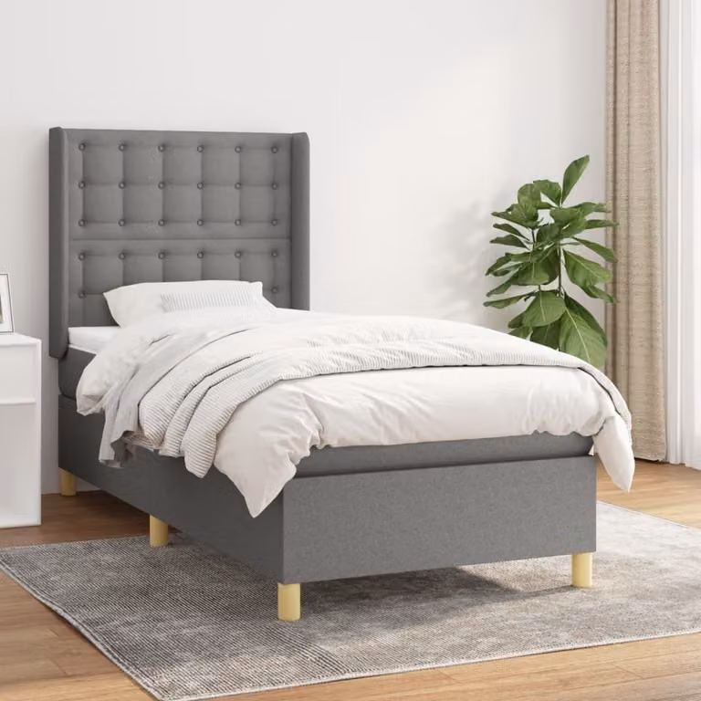 The Living Store Letto a molle con materasso grigio scuro 100x200 cm in tessuto
