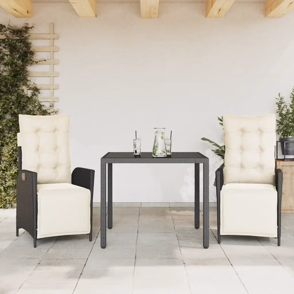 Set da Pranzo da Giardino 3 Pezzi in Polyrattan con Tavolo in Vetro e Cuscini Nero e Bianco – 2