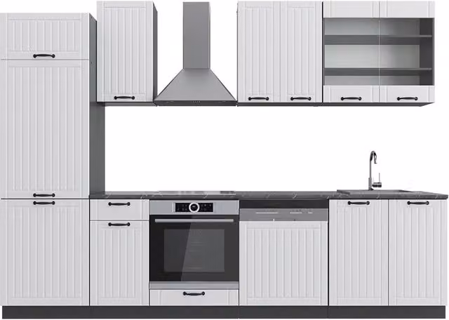 Cucina componibile Fame-Line Vicco in stile country house, Bianco rustico e Antracite, L: 300 cm – 1