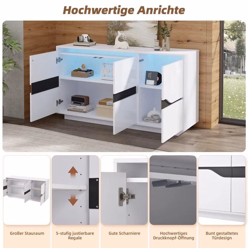 Madia moderna REDOM in MDF lucido con illuminazione LED integrata e chiusura soft-close, Bianco e Nero, L: 140 cm, P: 40 cm, H: 70 cm – 2