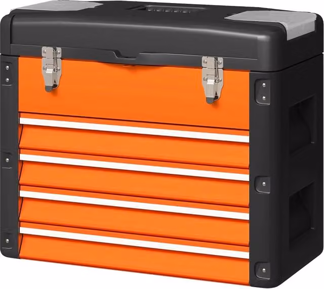 Cassetta degli attrezzi in acciaio vuota, 49,7x25,3x40,7 cm, arancione, con 4 cassetti, vano superiore e maniglia