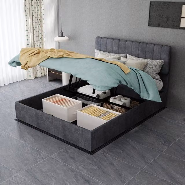 Letto imbottito contenitore ¨C Minimal ¨C grigio velluto 140x200 cm con testiera idraulico
