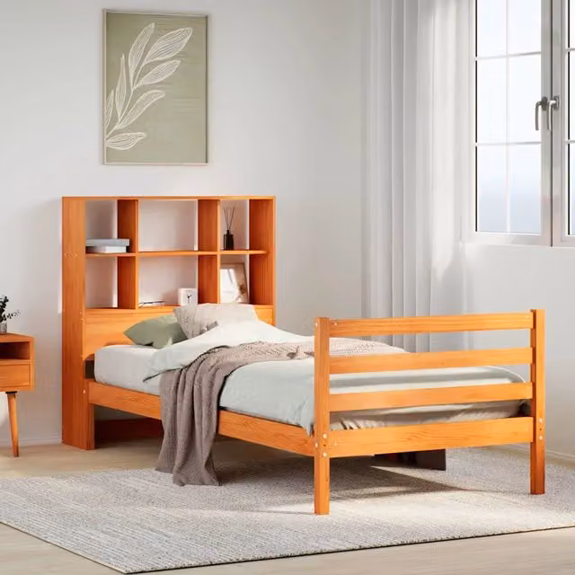 Letto Libreria VIDAXL in Legno di Pino Marrone Cera con Ripiani Laterali L: 190 cm, P: 81 cm, H: 110 cm – 1
