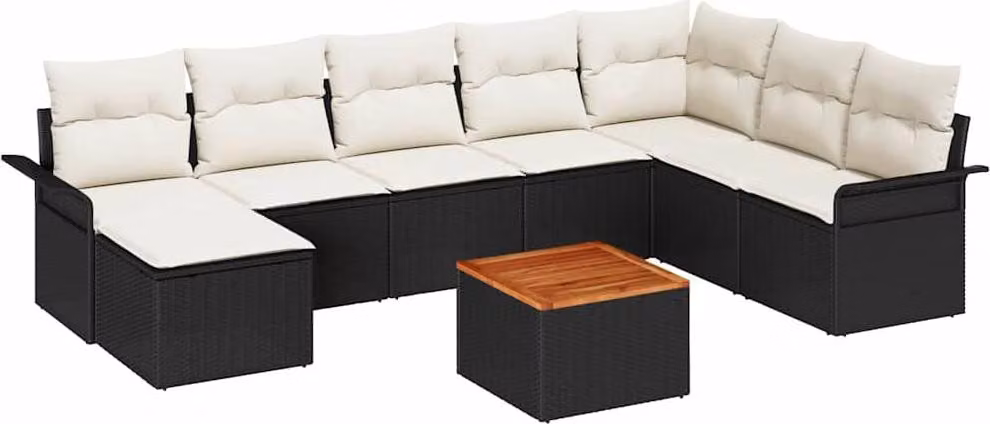 Set Divano da Giardino con cuscino 9 pcs Nero polyrattan