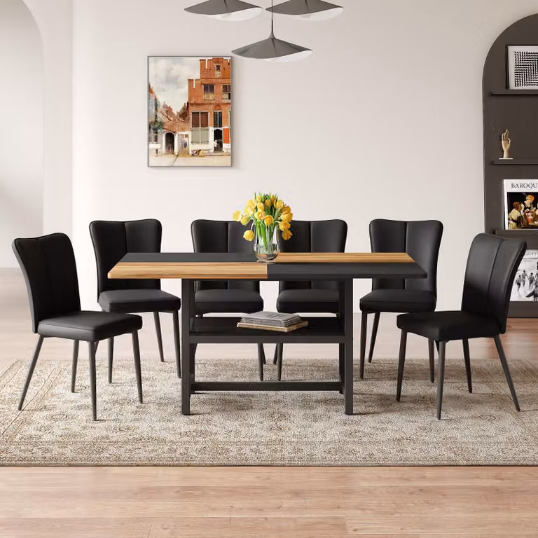 STILVORA STILVORA Set da pranzo rettangolare con funzione di contenimento, tavolo da pranzo con 6 sedie moderne nere, set di sedie da pranzo con gambe in metallo nero. Adatto per soggiorno, zona pranzo, cucina ecc.