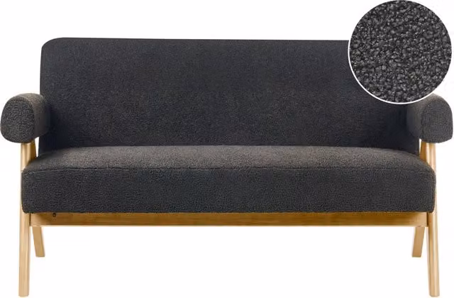 Divano a 2 posti Rivestimento in bouclé nero e marrone chiaro Design retrò Gambe in legno Soggiorno