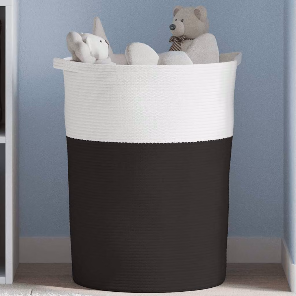 Cestino portaoggetti vidaXL in cotone multicolore nero e bianco con maniglie, Ø 49 cm x H 65 cm