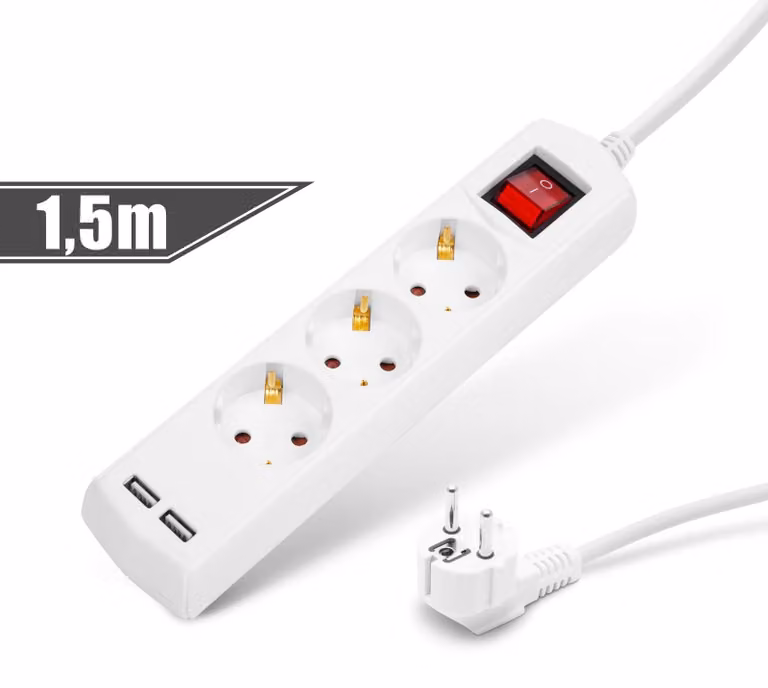 Presa multipla a 3 vie – con 2 porte USB (2,1 A) e interruttore – Sicurezza bambini – 1,5 m – 250 V • 16 A – Bianco [20221U]
