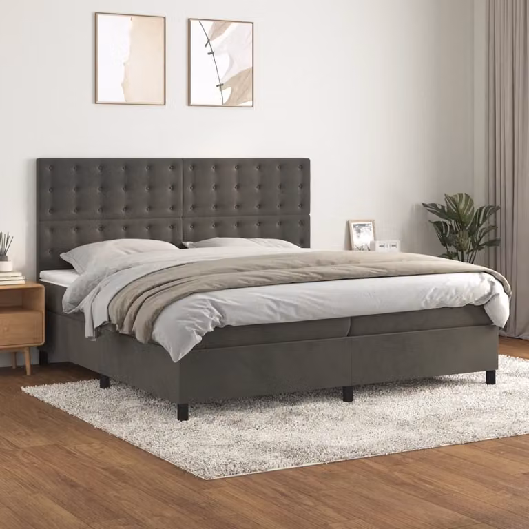 Letto Ibrido vidaXL con Giroletto a Molle e Materasso in Velluto Grigio e Bianco L/P/H: 200 x 200 x 203 cm
