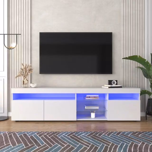 Mobile TV moderno bianco, pannello chiaro, illuminazione LED variabile, 180 cm, per soggiorno e sala da pranzo