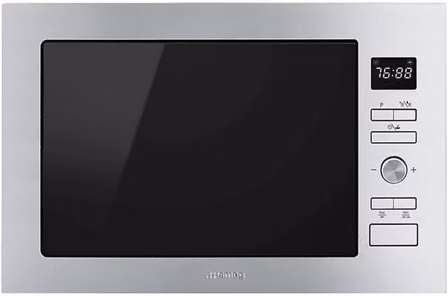 Microonde da incasso Smeg FMI425X in acciaio inox e vetro, capacità 25 l, con funzione grill da 1000 W e potenza microonde di 900 W, disponibile in nero o argento
