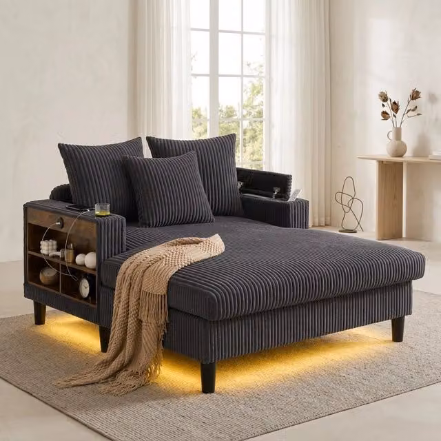 Chaise Longue REDOM in velluto a coste grigio con illuminazione LED, porta USB e contenitore, L/P/H: 129 x 170 x 70 cm