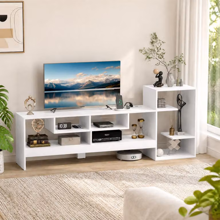 Costway Mobile porta tv fino tavolo supporto tv con stazione di ricarica, Tv fino a 55'' in legno scomparti aperti e base rialzata Bianco