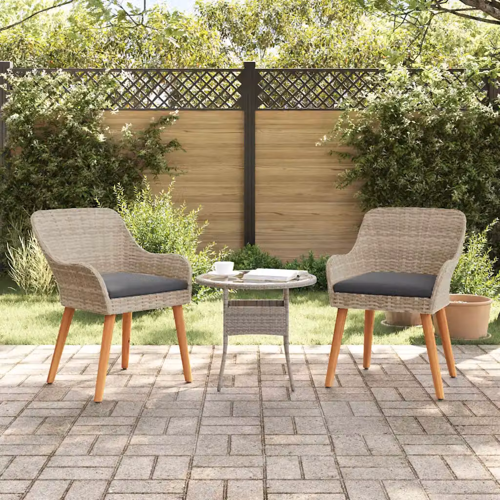 Set di 2 sedie da giardino vidaXL in polyrattan e legno di acacia con cuscini, colore grigio chiaro