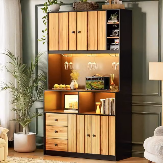 Armadio da cucina alto 180 cm con LED, presa elettrica, vetrina e porta vino per cucina e sala da pranzo