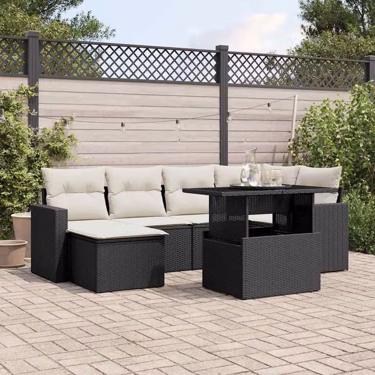 vidaXL Set Divano da Giardino a L con 7 Pezzi, Polyrattan Nero e Cuscini Imbottiti con Rivestimenti Rimovibili