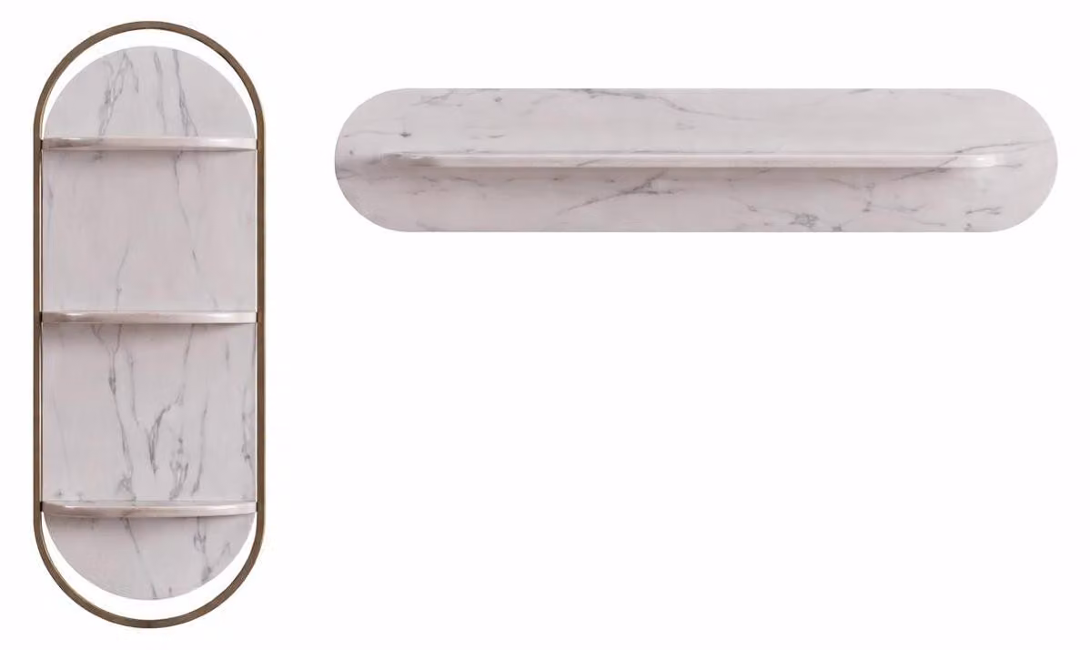 Set elegante per parete, composto da pannello e mensola, con aspetto marmorizzato e struttura in metallo