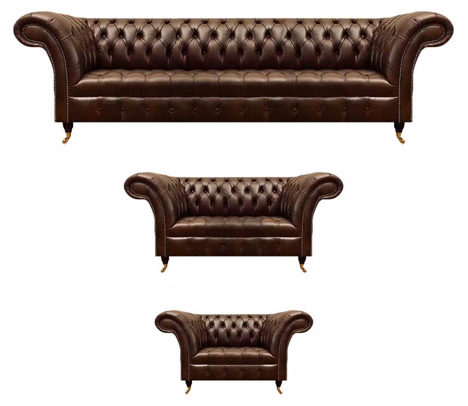 Braune Chesterfield Ledersofas Designer Ledersessel Dreisitzer 3tlg Set