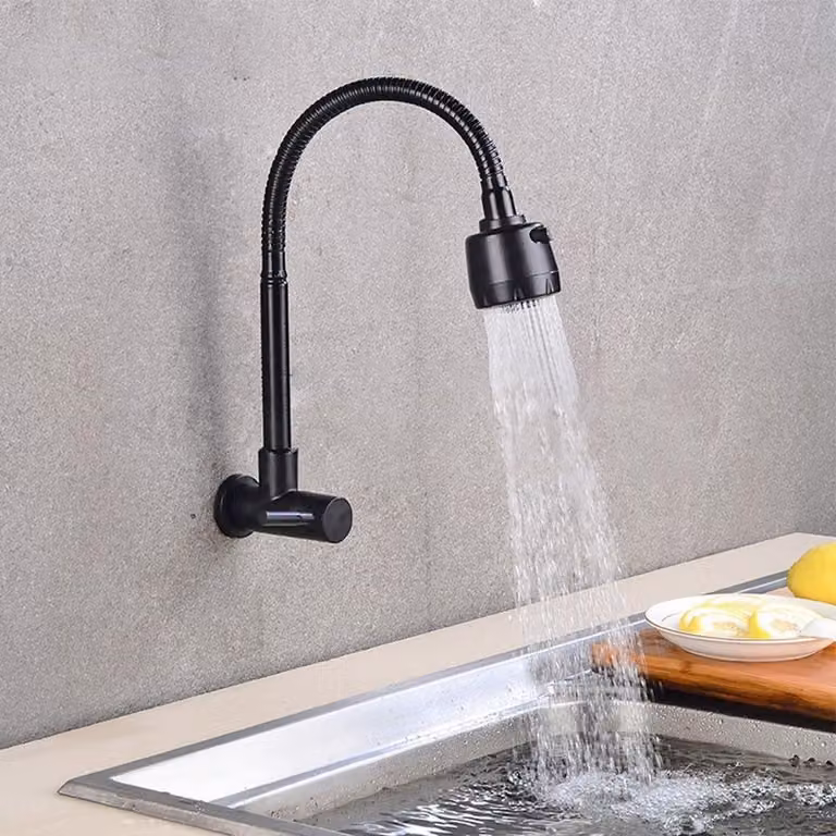Rubinetto per lavello, solo acqua fredda, montaggio a parete, tubo flessibile, attacco G1/2, colore nero