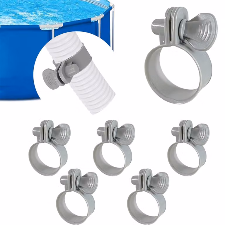 Set di 6 fascette per tubi da piscina, in plastica, diametro 33 mm, colore grigio