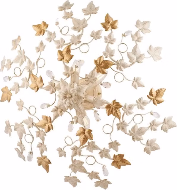 Plafoniera Shabby Chic Belight Edera con 6 Luci in Metallo Avorio e Oro con Foglie e Cristalli Trasparenti