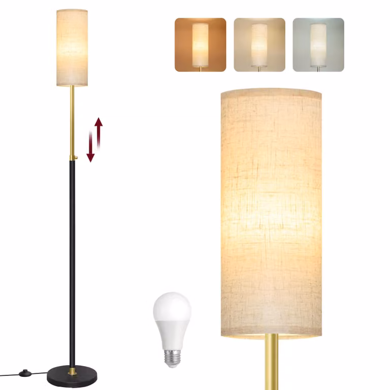 Lampada da terra regolabile in altezza VASAGLE, altezza 148 cm, con interruttore a pedale, paralume, attacco E27, colore nero opaco