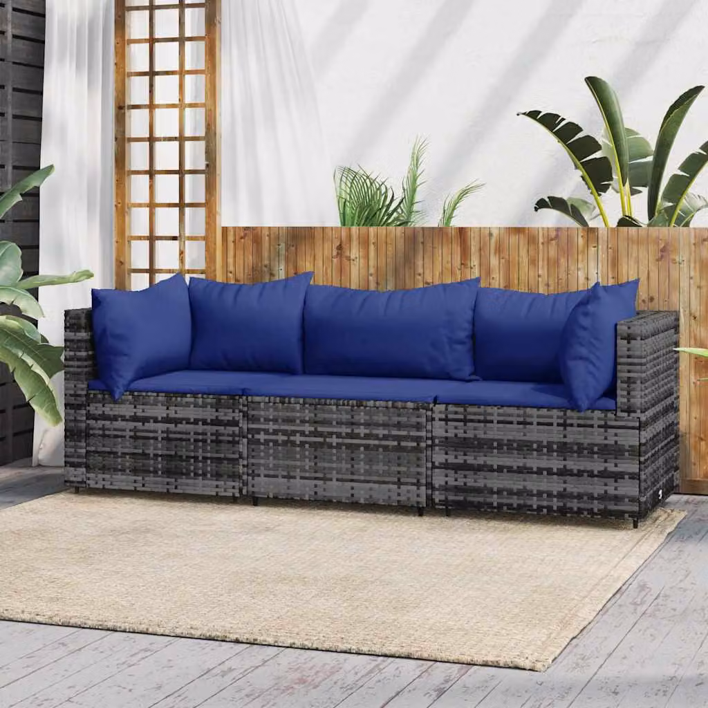 Set di divani da giardino vidaXL a forma di L composto da 3 pezzi con cuscini in tessuto blu e struttura in metallo e rattan grigio