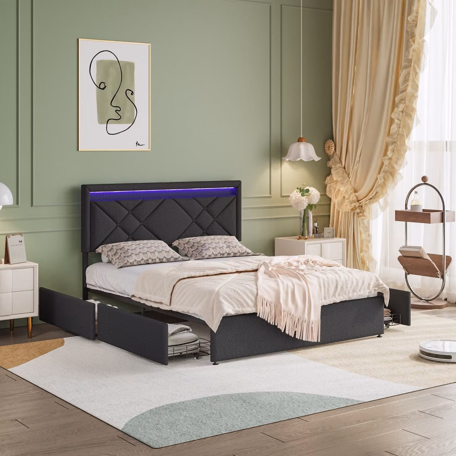 Letto matrimoniale 160 x 200 cm con rete a doghe e 4 cassetti, connessione USB e illuminazione LED, testata regolabile, nero