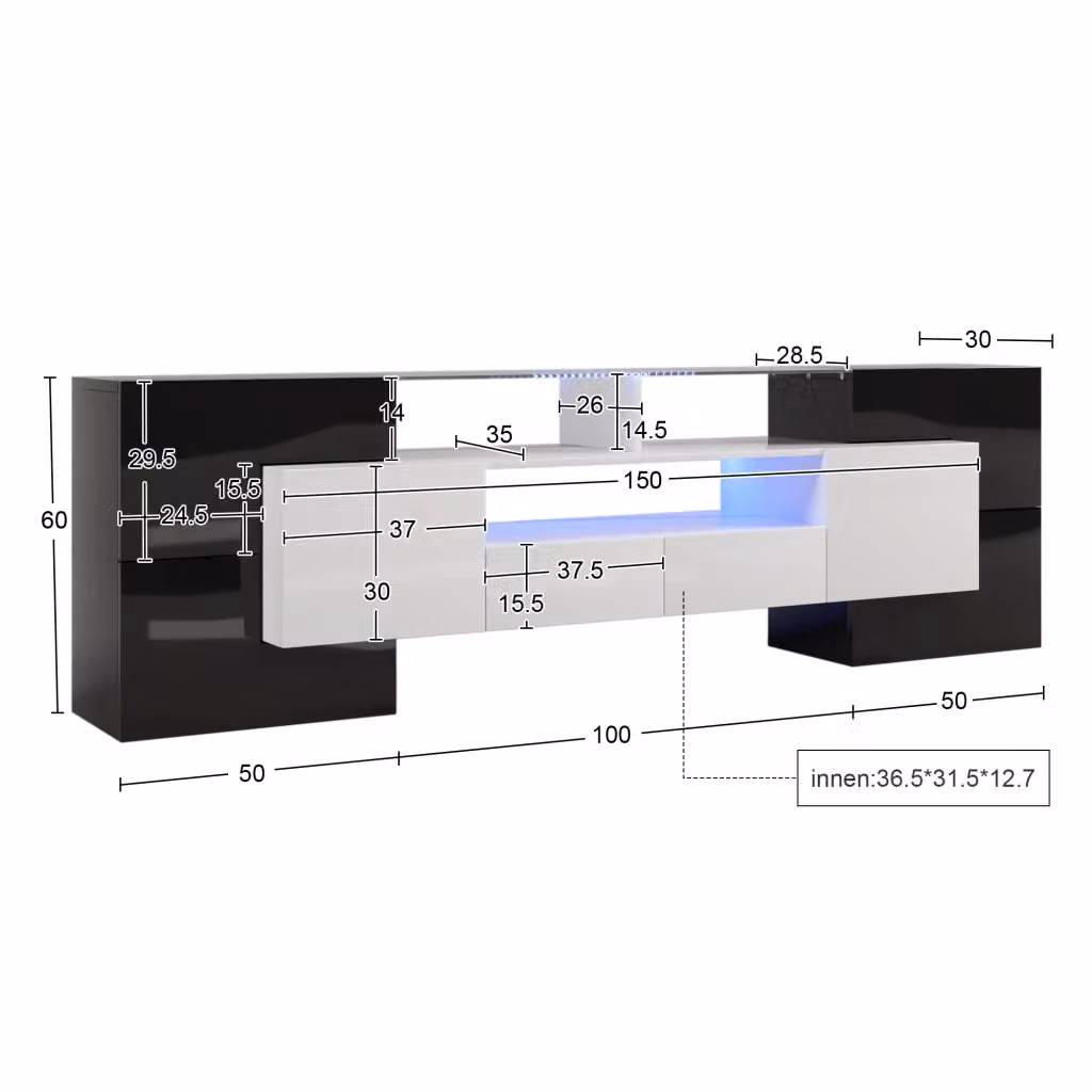 Mobile TV moderno REDOM in MDF nero e bianco con illuminazione LED, 4 ante e 2 cassetti, L/P/H: 200 x 35 x 60 cm – 2