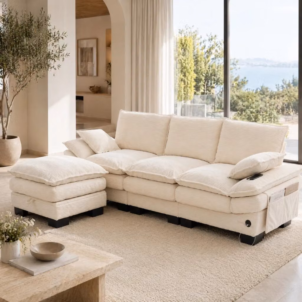 Divano Modulare REDOM a 3 posti con Pouf, Rivestimento in Velluto a Costine Beige, L/P/H: 260 x 132 x 84 cm – 2