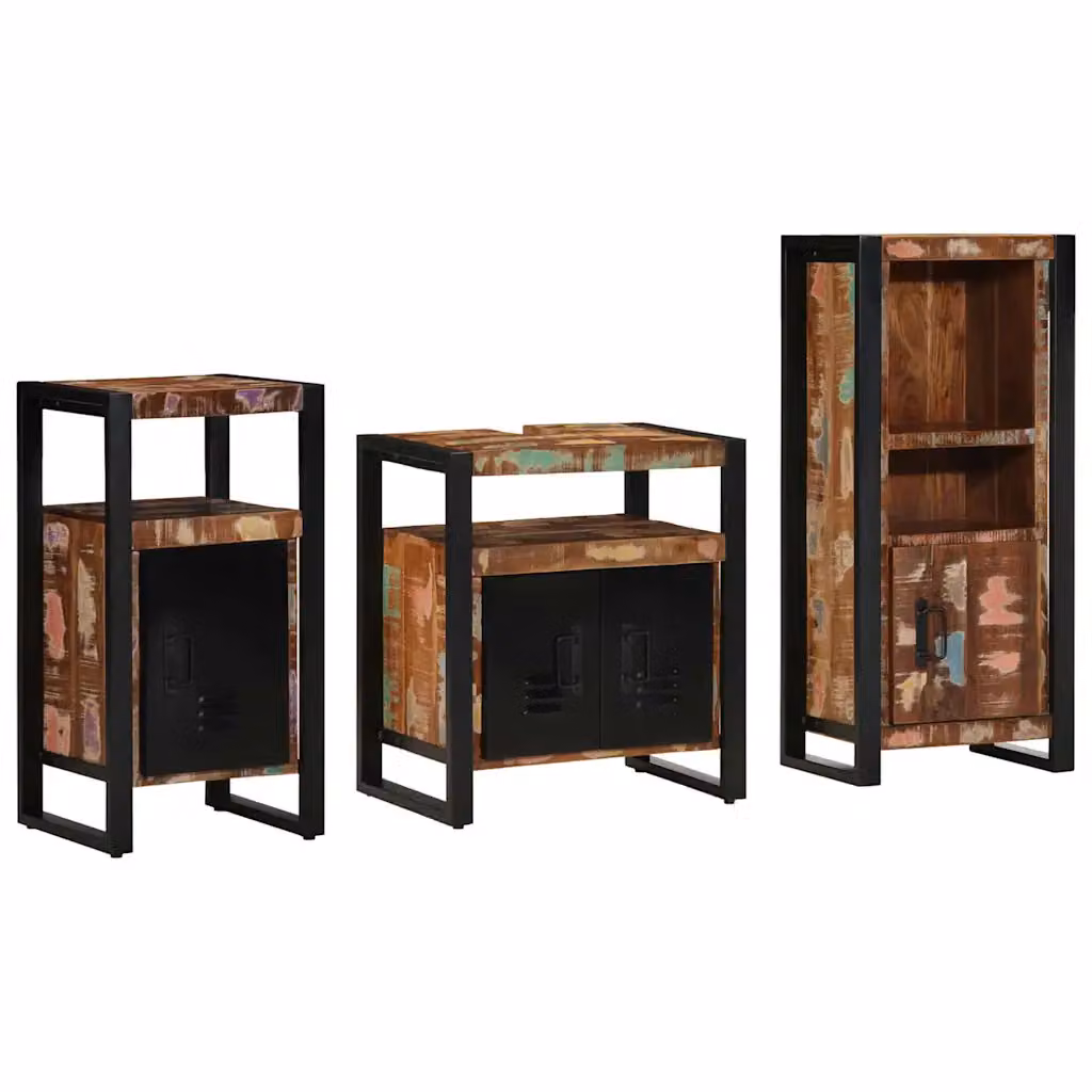 Set di mobili per il bagno vidaXL in legno e metallo multicolore e nero, composto da mobile lavabo, pensile e mobile laterale, stile minimalista – 1