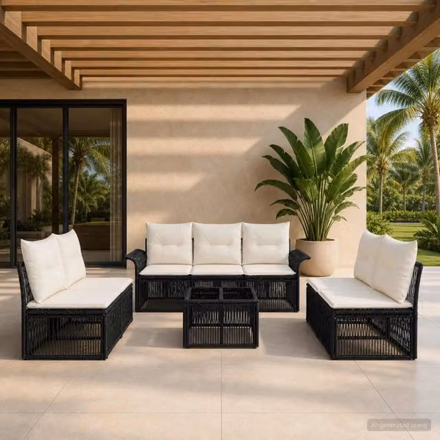 Set da giardino vidaXL composto da 8 pezzi con divano a 3 posti, tavolino da caffè e cuscini in colore nero – 1