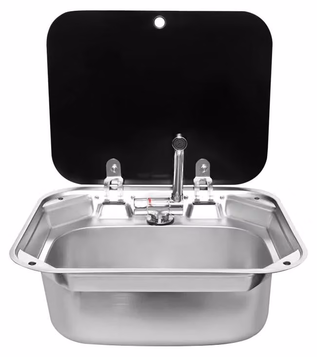 Lavello per camper, roulotte o barca - Lavello da incasso in acciaio inossidabile 304 - Con coperchio - Rubinetto pieghevole - Adatto per cucina/bar - Scarico curvo
