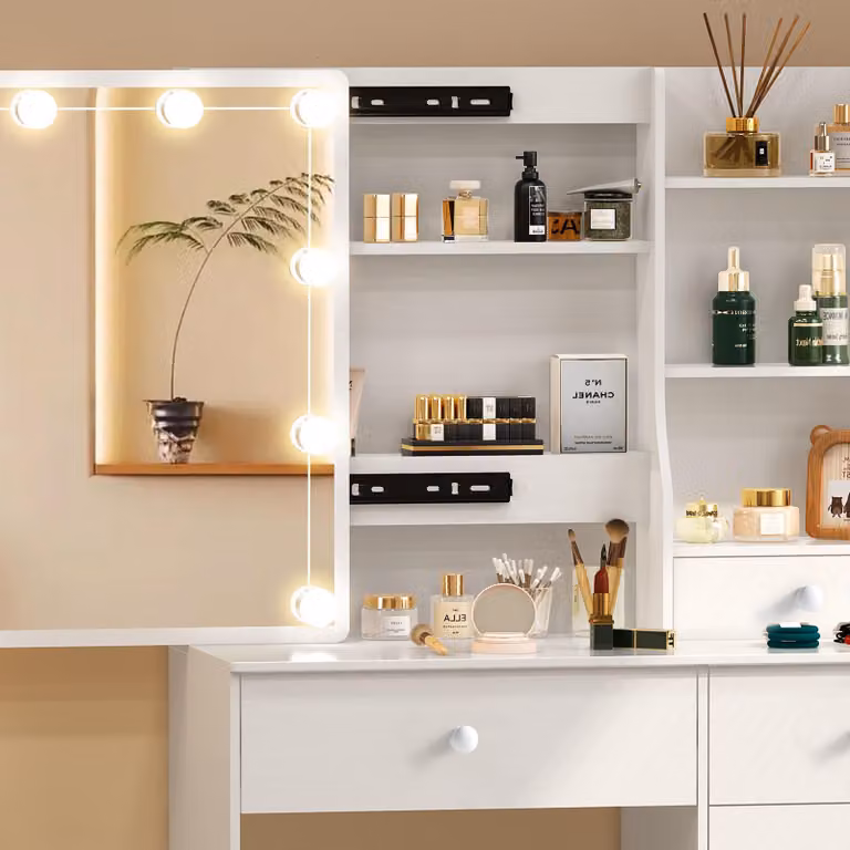 Comò con specchio a LED, colore bianco - 3 modalità di colore e luminosità regolabile