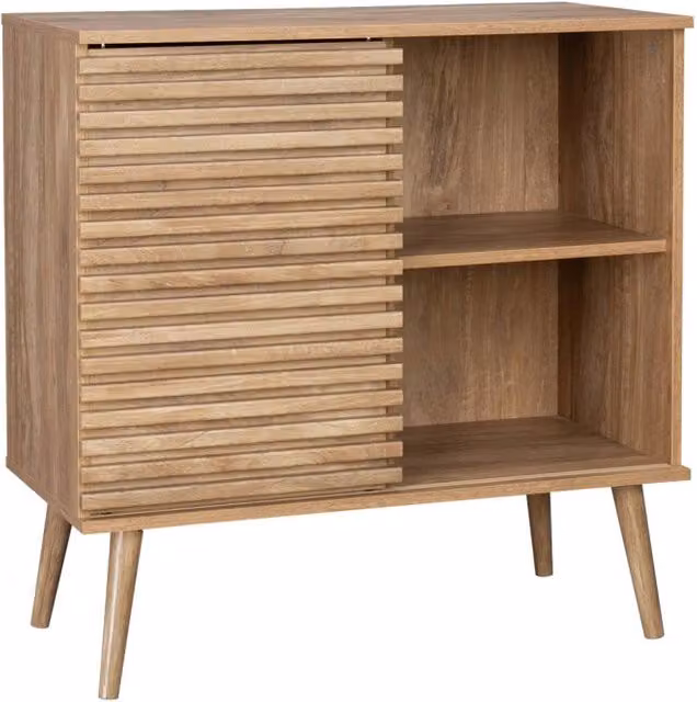 Credenza scandinava Sweeek in effetto legno marrone con anta scorrevole scanalata, L: 80 cm