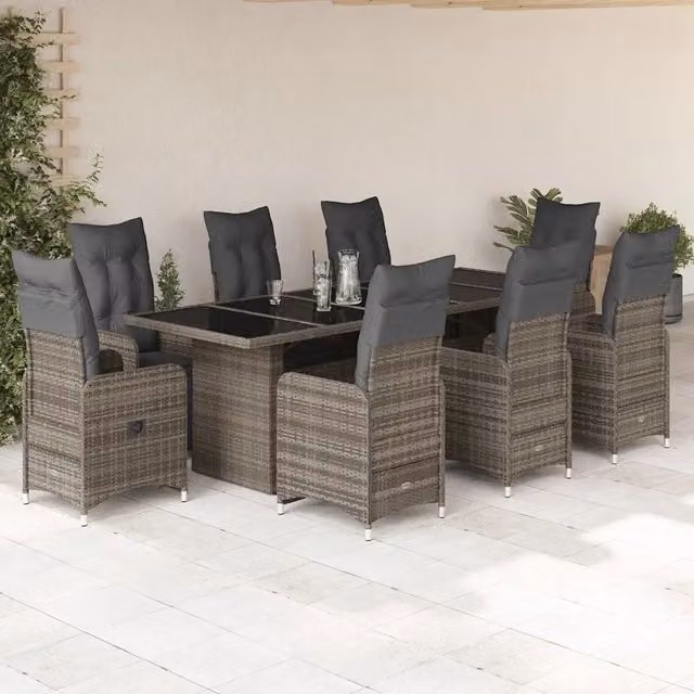 Set Bistrò da Giardino vidaXL in Polyrattan Grigio con Cuscini e Tavolo in Vetro, 9 Pezzi