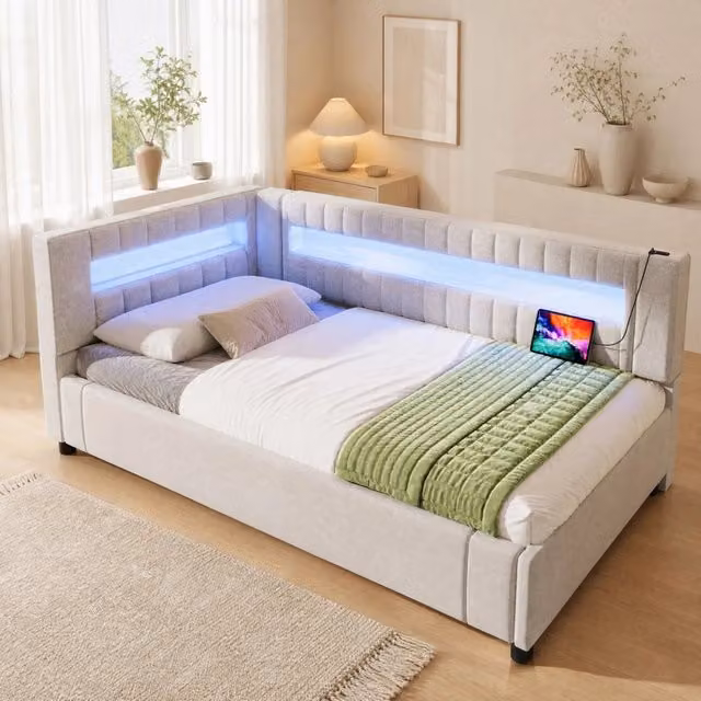 Daybed beige in tessuto e MDF con illuminazione LED, porte USB e contenitore idraulico L/P: 200 x 90 cm