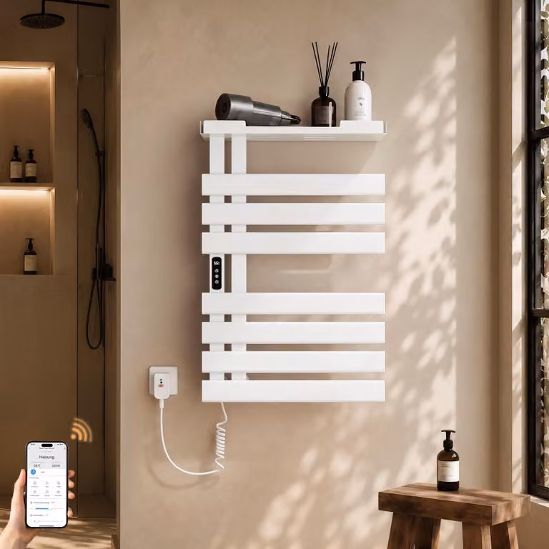 S'AFIELINA Scaldasalviette Elettrico con Ripiano 760×500 mm 253W Bianco,Termoarredo WiFi, Riscaldamento in Fibra di Carbonio, 6 Modalità