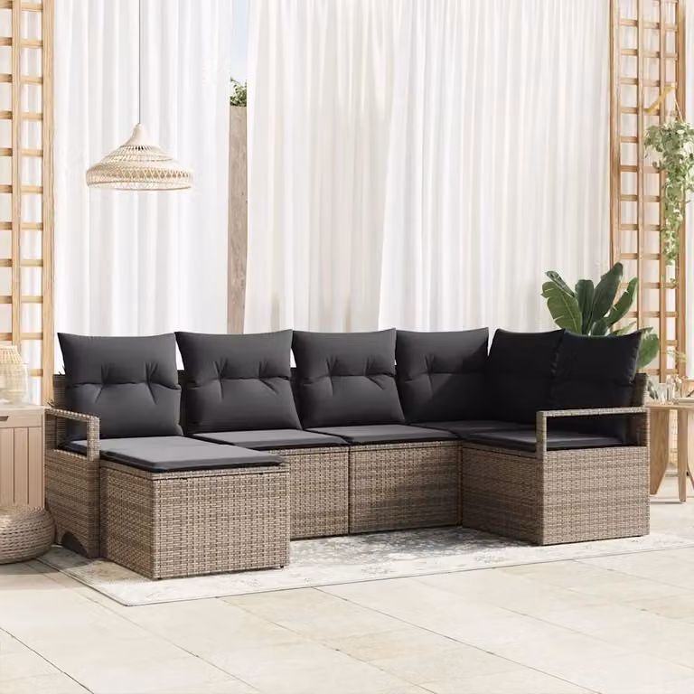 Set di divani da giardino vidaXL a forma di L con 6 pezzi, colore grigio, in rattan e metallo con cuscini inclusi