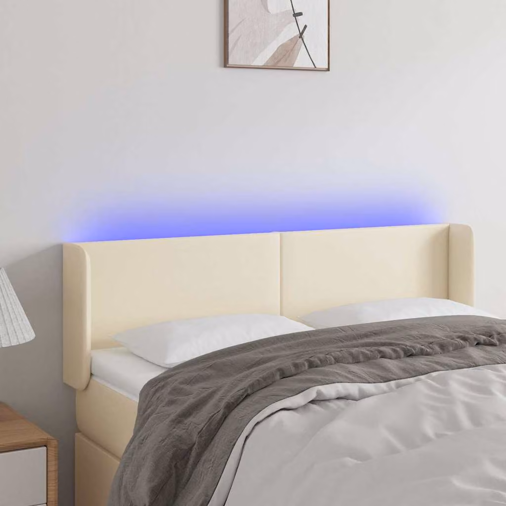Testiera per letto vidaXL in similpelle beige con illuminazione LED e porta di ricarica USB, L 147 cm x P 16 cm x H 78/88 cm