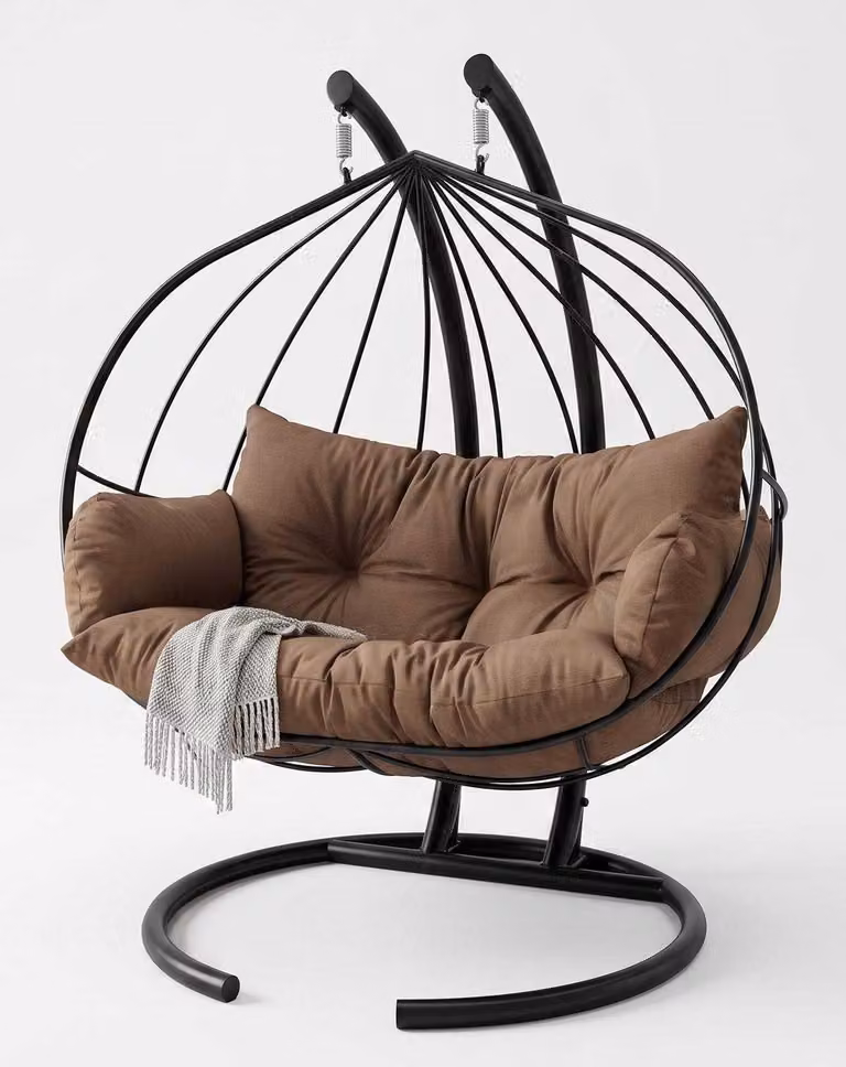 Sedia a dondolo in metallo, nera e marrone, imbottita, dal design moderno, rotonda e rilassante