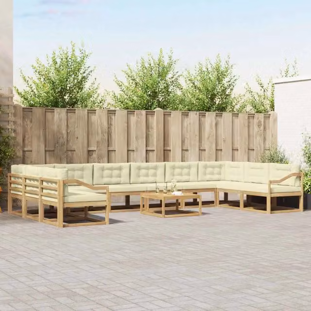 Set di divani da esterno a forma di U vidaXL in legno di acacia con cuscini Bianco e Beige