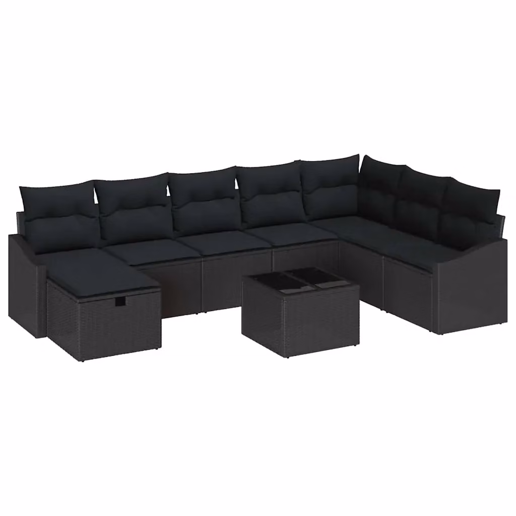 Set Divano da Giardino Moderno vidaXL in Polyrattan Nero con Cuscini e Ottoman, 9 Pezzi – 2