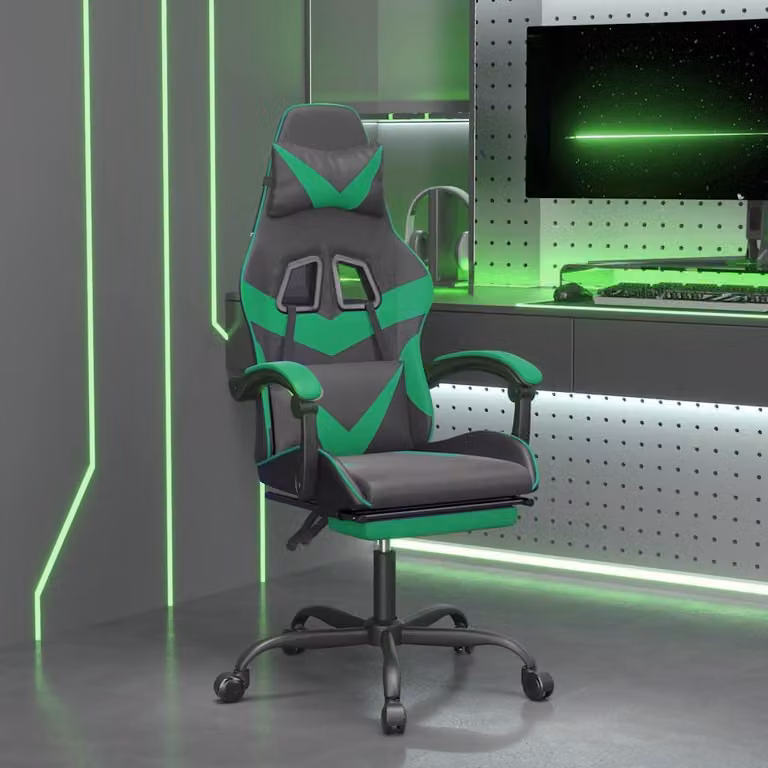 Sedia da Gaming Girevole vidaXL con Poggiapiedi e Braccioli, Similpelle Nero e Verde