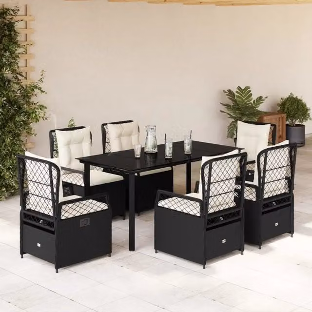 Set da Pranzo da Giardino 7 pz Nero con Cuscini in Polyrattan 3262968