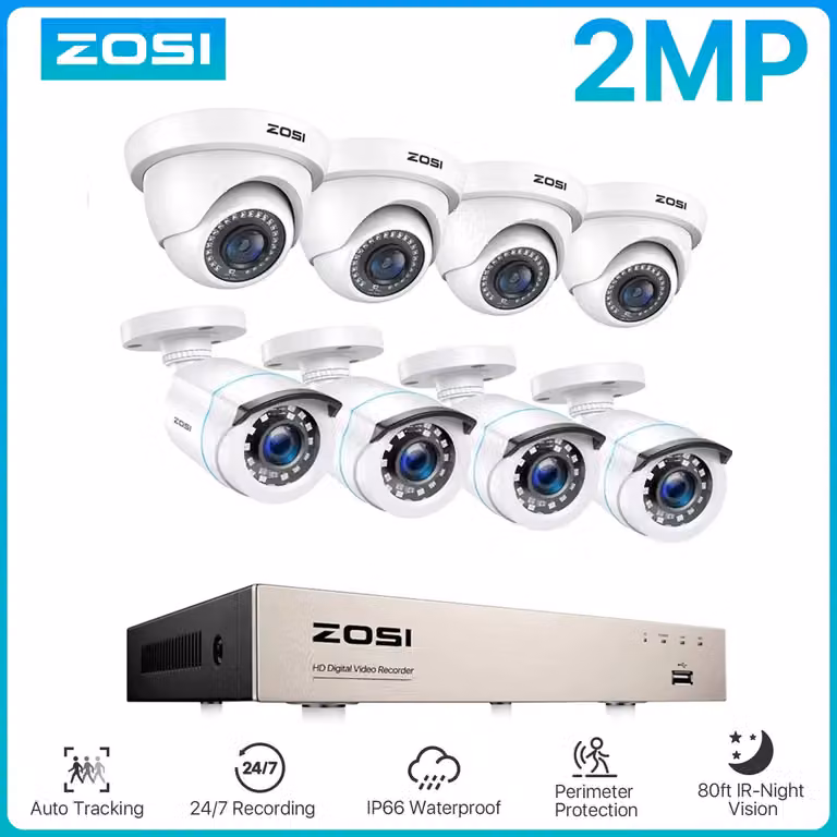 Kit di telecamere di sicurezza composto da 4 telecamere bullet e 4 telecamere a cupola - 1080p, 2MP - 1TB HDD - Sistema di videosorveglianza cablato - Adatto per uso interno ed esterno