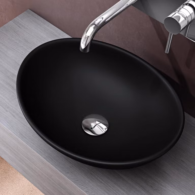 doporro Lavabo da Appoggio Ovale in Vetroceramica Nero Opaco 42 cm Lavandino Bagno Moderno con Rivestimento Nano per Bagno e WC Ospiti Brüssel205