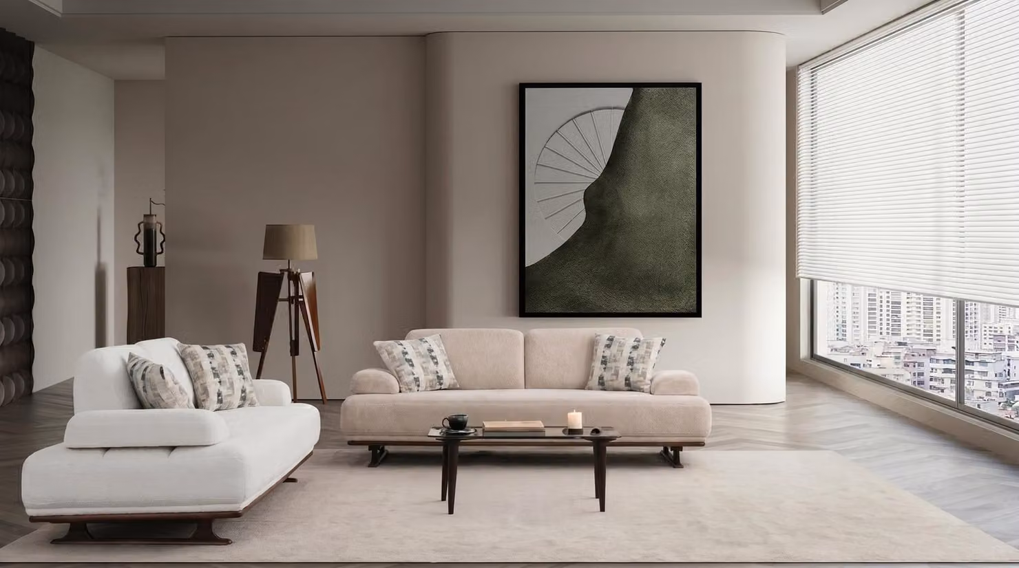 Set di salotto di alta qualità, composto da 2 divani a 3 posti, uno beige e uno bianco